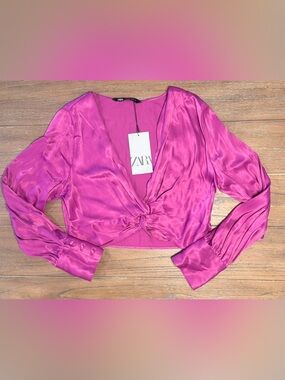ZARA Bright Pink Satin Twist-Front Long Sleeve Crop Top #88